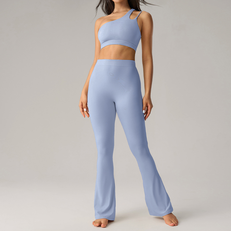 YS-004 Light Blue Private Label One Shoulder Flare Legging Set view 4 for activewear sourcing
