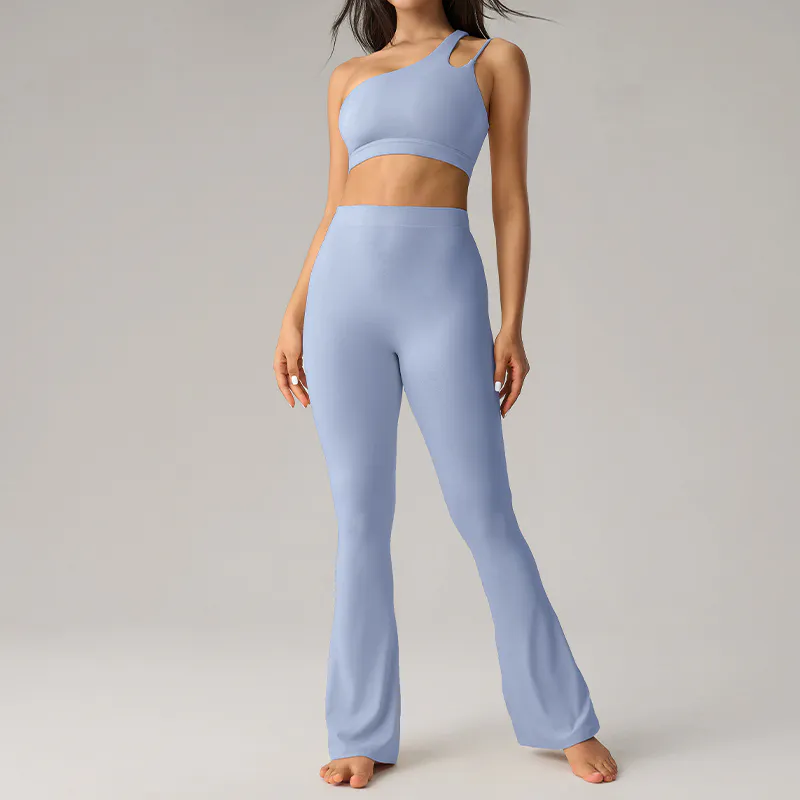 YS-033 Light Blue Custom One Shoulder Bra and Flare Legging Set view 2 for activewear sourcing