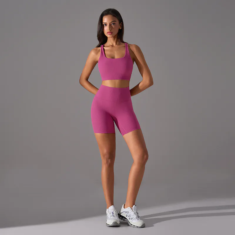YS-030 White Custom Ribbed Bra and Biker Shorts Yoga Set view 2 for activewear sourcing