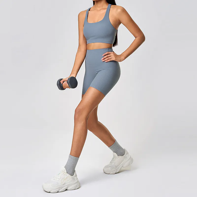 YS-030 Custom Ribbed Bra and Biker Shorts Yoga Set view 5 for activewear sourcing