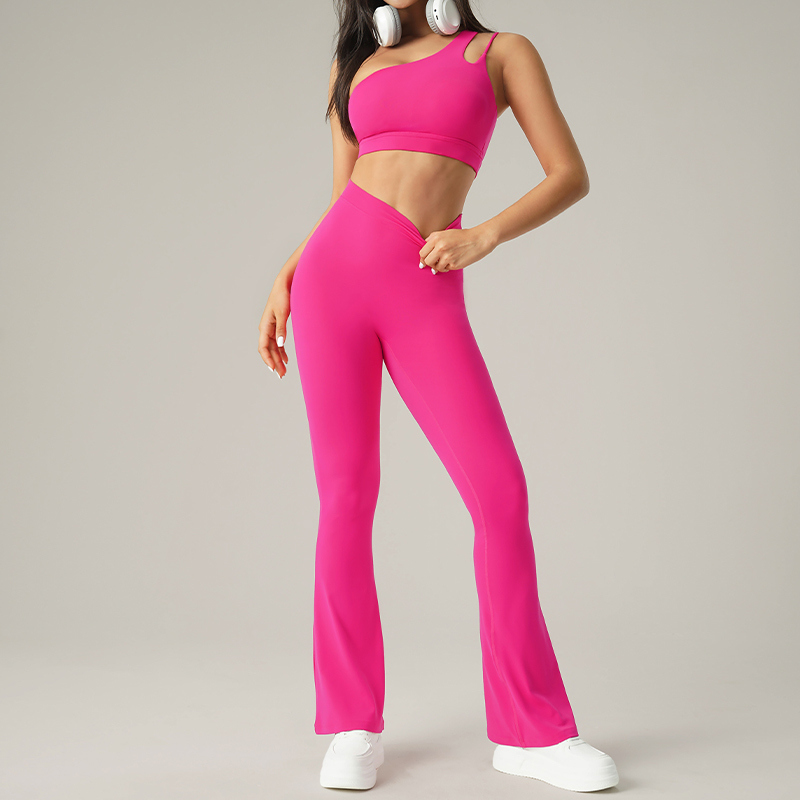 YS-033 Pink Custom One Shoulder Bra and Flare Legging Set view 3 for activewear sourcing