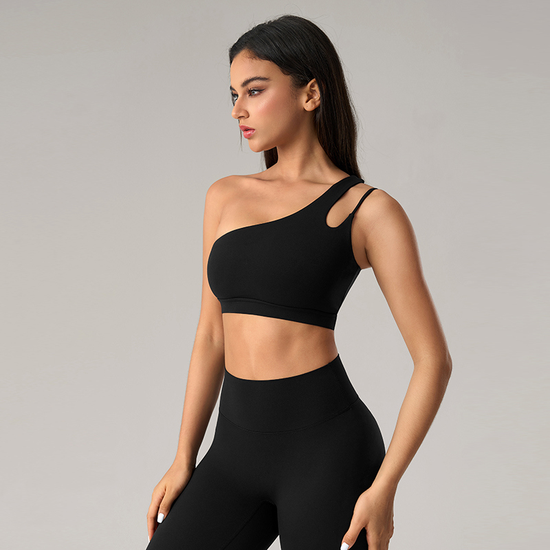 YS-040 Black Custom Asymmetric Bra and Legging Set view 2 for activewear sourcing