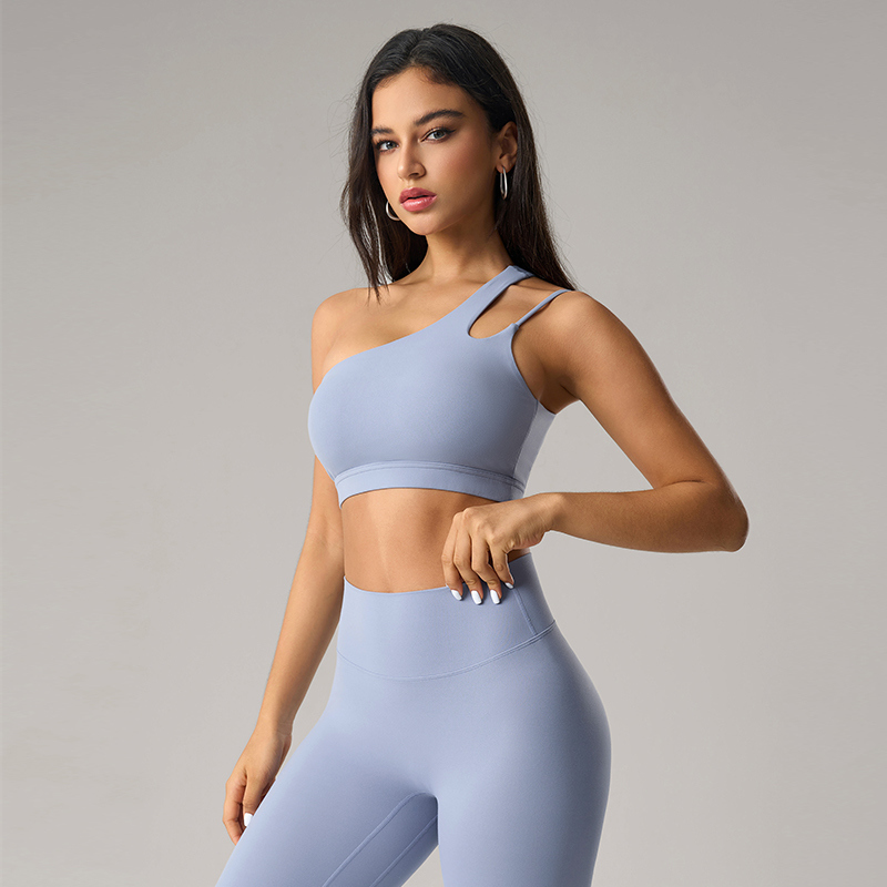 YS-040 Light Blue Custom Asymmetric Bra and Legging Set view 3 for activewear sourcing