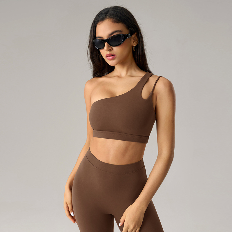 YS-040 Brown Custom Asymmetric Bra and Legging Set view 4 for activewear sourcing