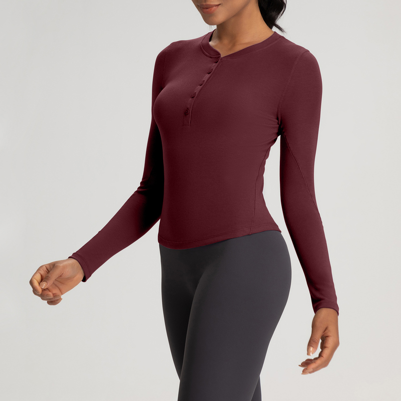 YT-002 Purple Custom Long Sleeve Henley Top Yoga Activewear Ribbed view 3 for activewear sourcing