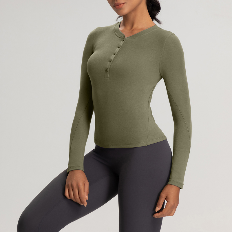 YT-002 Red Custom Long Sleeve Henley Top Yoga Activewear Ribbed view 4 for activewear sourcing