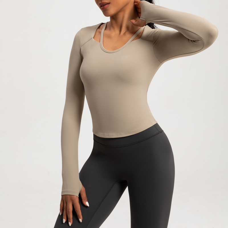 YT-009 Black OEM Cutout Long Sleeve Yoga Top Compression view 2 for activewear sourcing