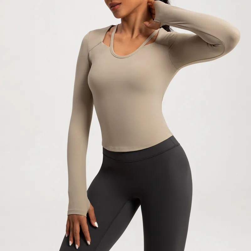 YT-009 Black OEM Cutout Long Sleeve Yoga Top Compression view 2 for activewear sourcing