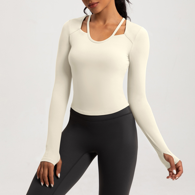 YT-009 White OEM Cutout Long Sleeve Yoga Top Compression view 3 for activewear sourcing