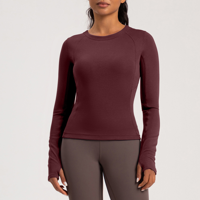 YT-019 Brown Custom Long Sleeve Thumbhole Yoga Top view 2 for activewear sourcing
