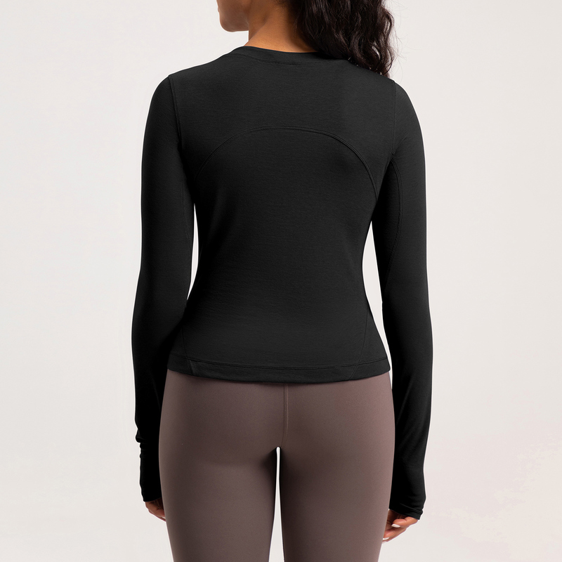 YT-019 Black Custom Long Sleeve Thumbhole Yoga Top view 5 for activewear sourcing