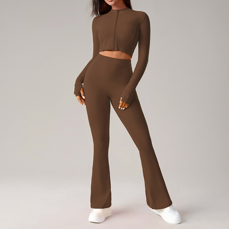 YT-020 Brown OEM Zip-Up Cropped Yoga Jacket view 2 for activewear sourcing