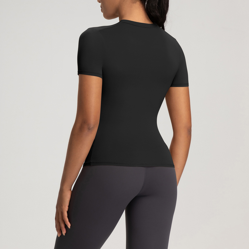 YT-022 Black Custom Ultra Soft Short Sleeve Workout Top view 3 for activewear sourcing