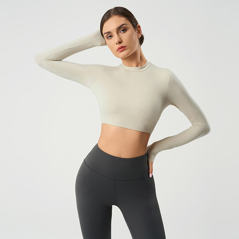 YT-023 White OEM Long Sleeve Crop Workout Top view 2 for activewear sourcing