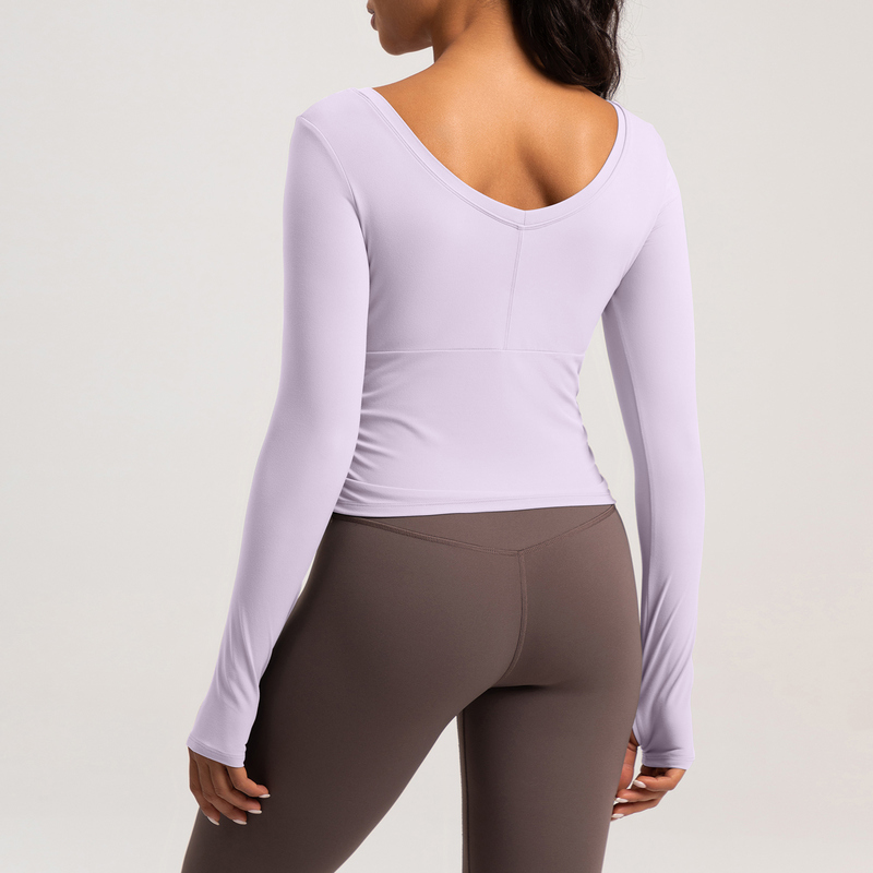YT-024 Brown Private Label V-Neck Ruched Long Sleeve Top view 2 for activewear sourcing