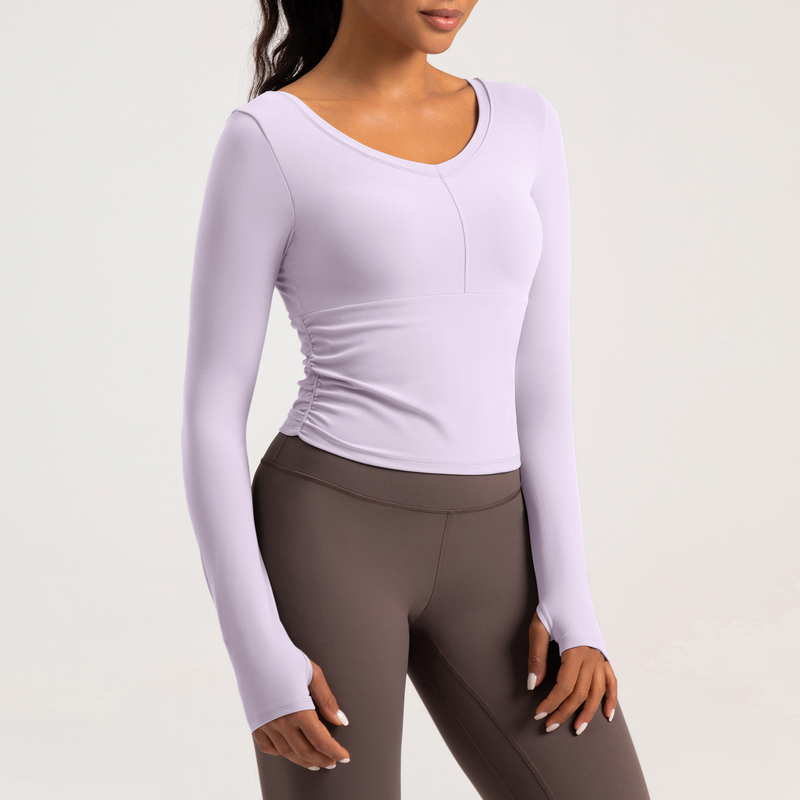 YT-024 White Private Label V-Neck Ruched Long Sleeve Top view 3 for activewear sourcing