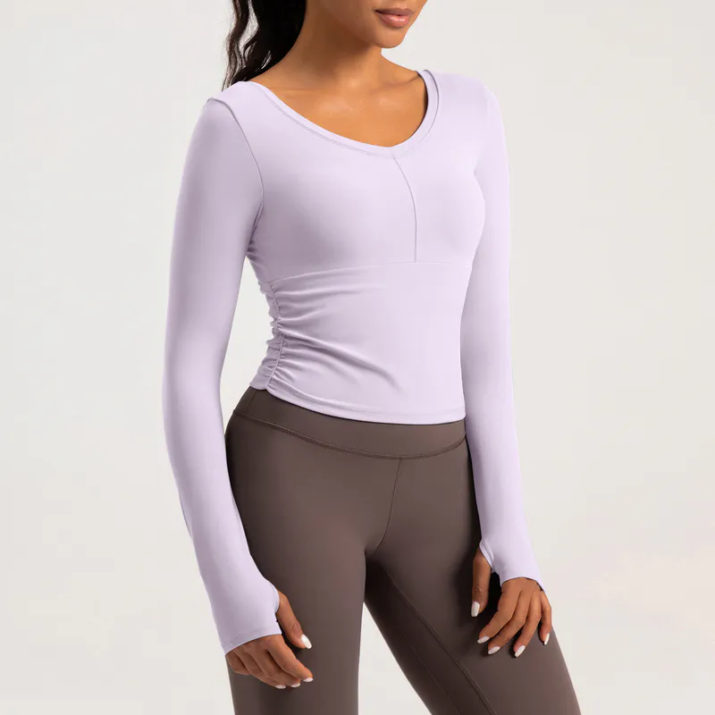 YT-024 White Private Label V-Neck Ruched Long Sleeve Top view 3 for activewear sourcing