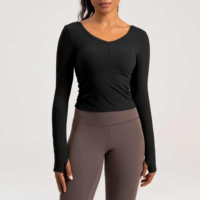 YT-024 Black Private Label V-Neck Ruched Long Sleeve Top view 4 for activewear sourcing