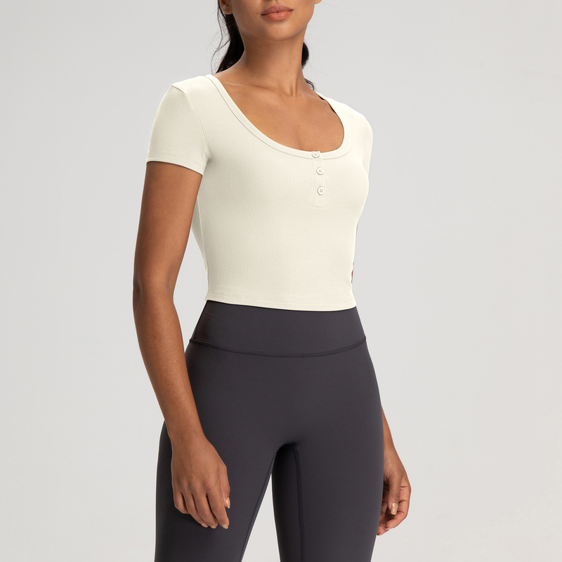YT-026 Charcoal OEM Ribbed Cropped Henley Yoga Top view 2 for activewear sourcing