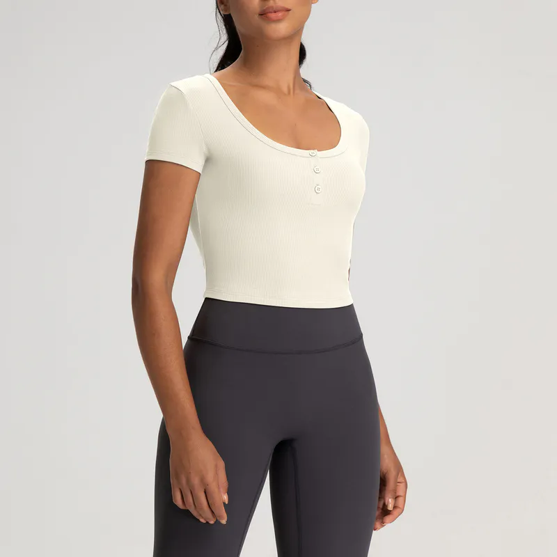YT-026 Charcoal OEM Ribbed Cropped Henley Yoga Top view 2 for activewear sourcing