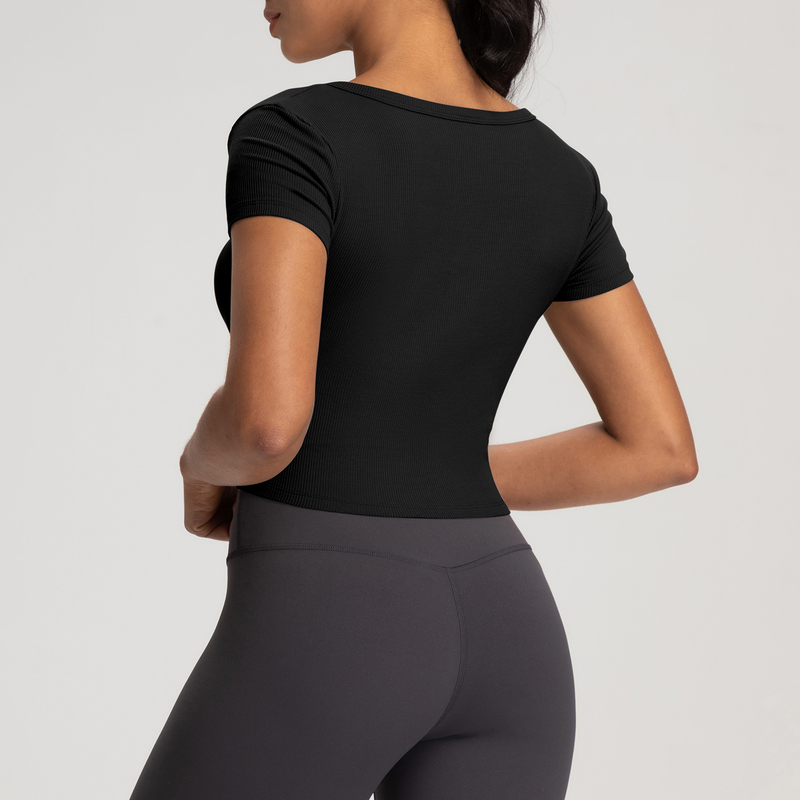 YT-026 White OEM Ribbed Cropped Henley Yoga Top view 3 for activewear sourcing