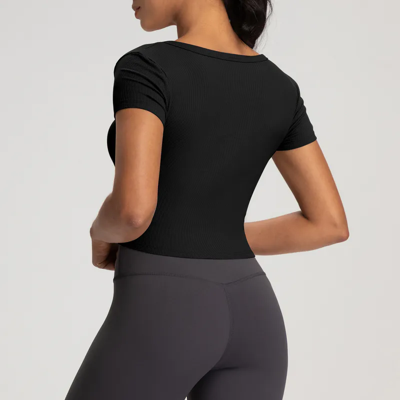 YT-026 White OEM Ribbed Cropped Henley Yoga Top view 3 for activewear sourcing
