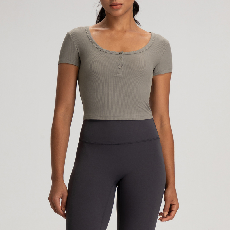 YT-026 Black OEM Ribbed Cropped Henley Yoga Top view 4 for activewear sourcing