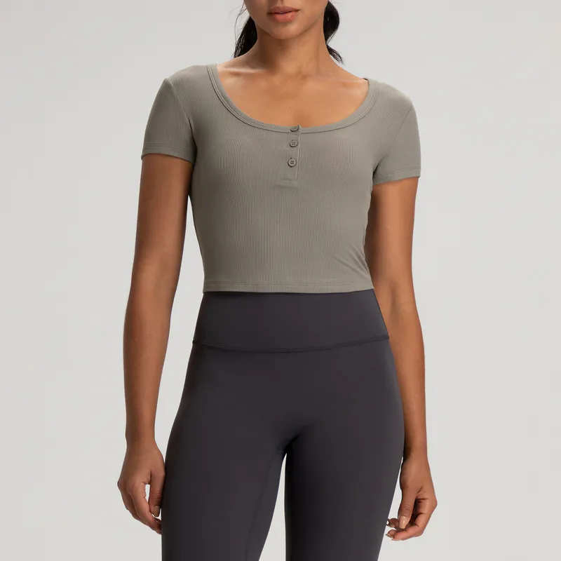 YT-026 Black OEM Ribbed Cropped Henley Yoga Top view 4 for activewear sourcing