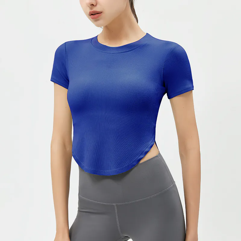 YT-028 Light Blue Custom Ribbed Short Sleeve Cropped Top view 2 for activewear sourcing