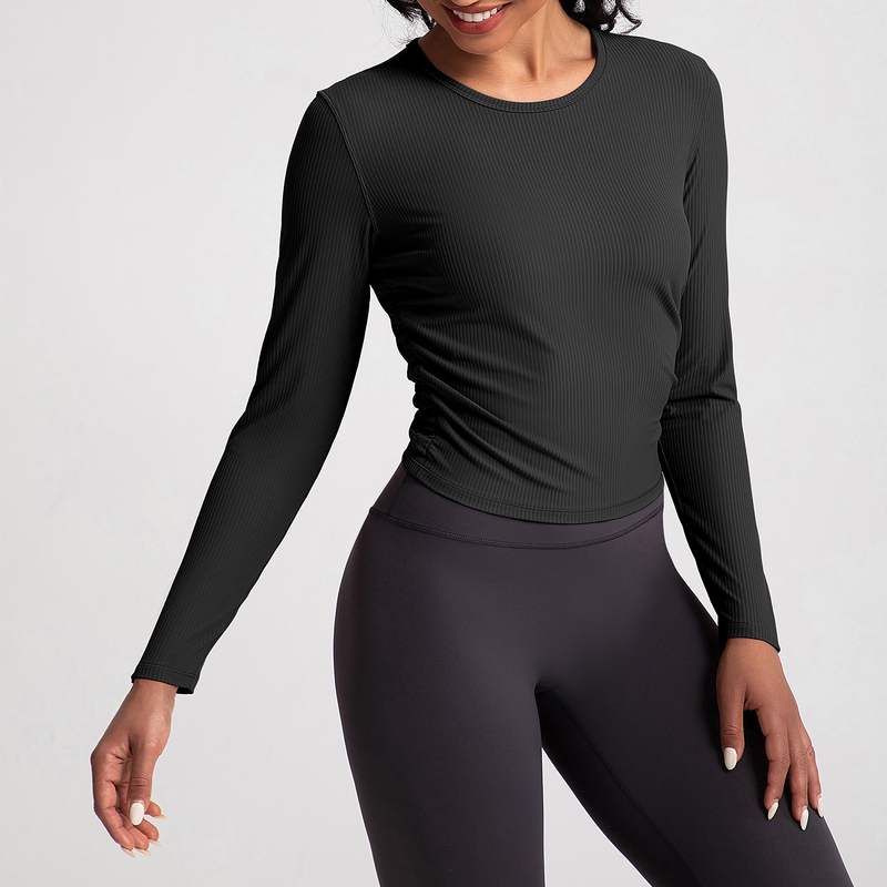 YT-031 Black Custom Long Sleeve Cropped Yoga Top view 3 for activewear sourcing