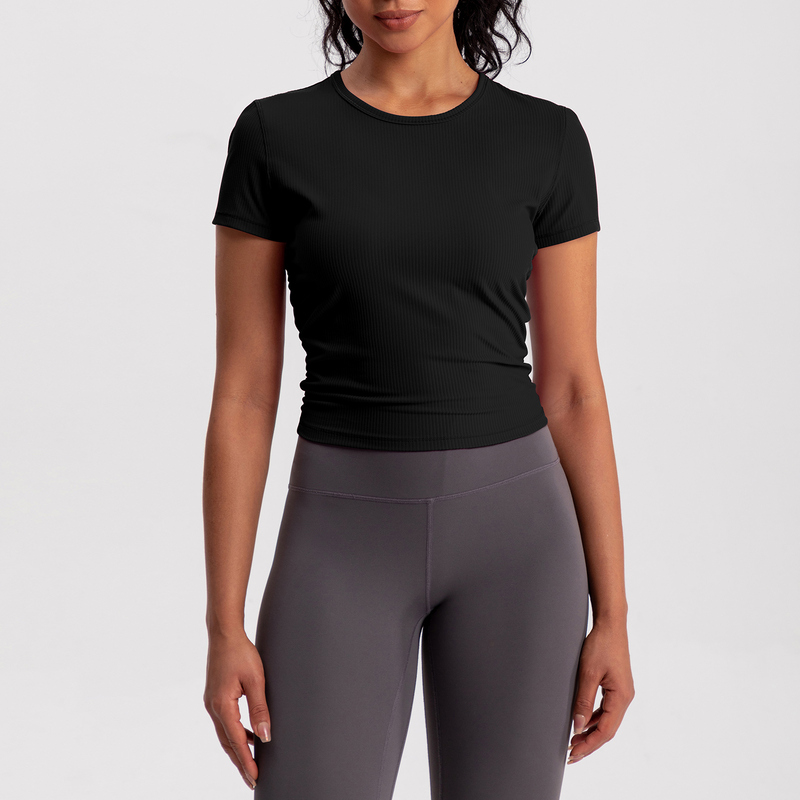 YT-037 Black Custom Short Sleeve Yoga Tee view 3 for activewear sourcing