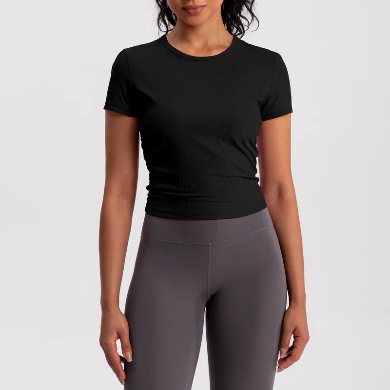 YT-037 Black Custom Fitted Crew-Neck Yoga Tee view 3 for activewear sourcing