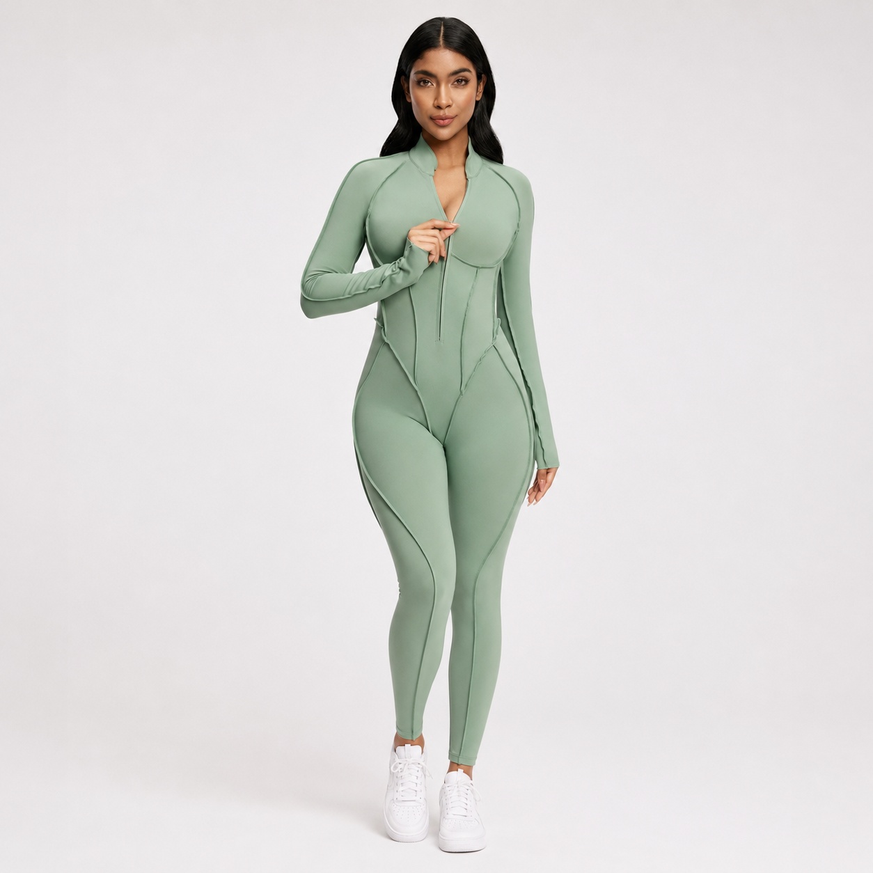 OP-015 Long Sleeve Zip Front Yoga Unitard for private label activewear sourcing