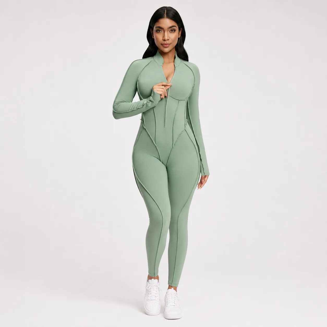 OP-015 Long Sleeve Zip Front Yoga Unitard