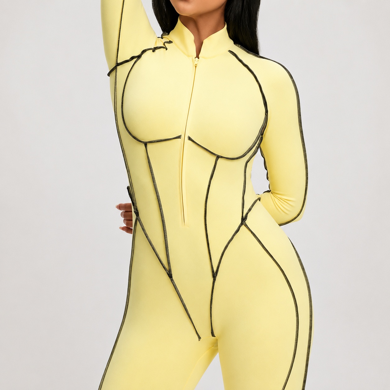 OP-017 Contrast Seam Long Sleeve Yoga Jumpsuit for private label activewear sourcing