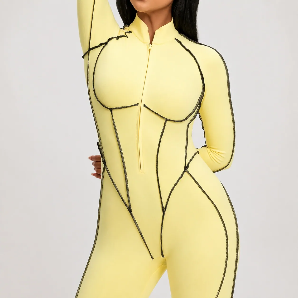 OP-017 Contrast Seam Long Sleeve Yoga Jumpsuit