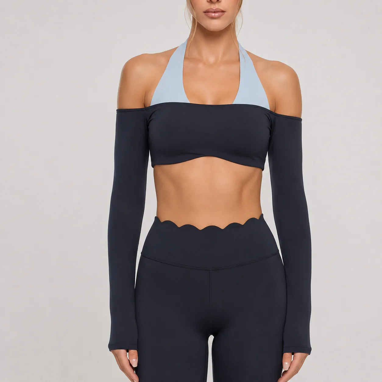 SB-041 Scallop Bandeau Sports Bra with Arm Sleeves for private label activewear sourcing