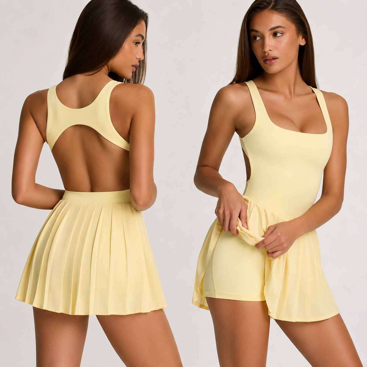 Butter Yellow Open Back Tennis Set for private label OEM activewear manufacturing