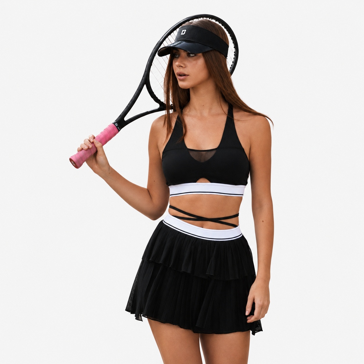Black Halter Pleated Skort Set for private label OEM activewear manufacturing