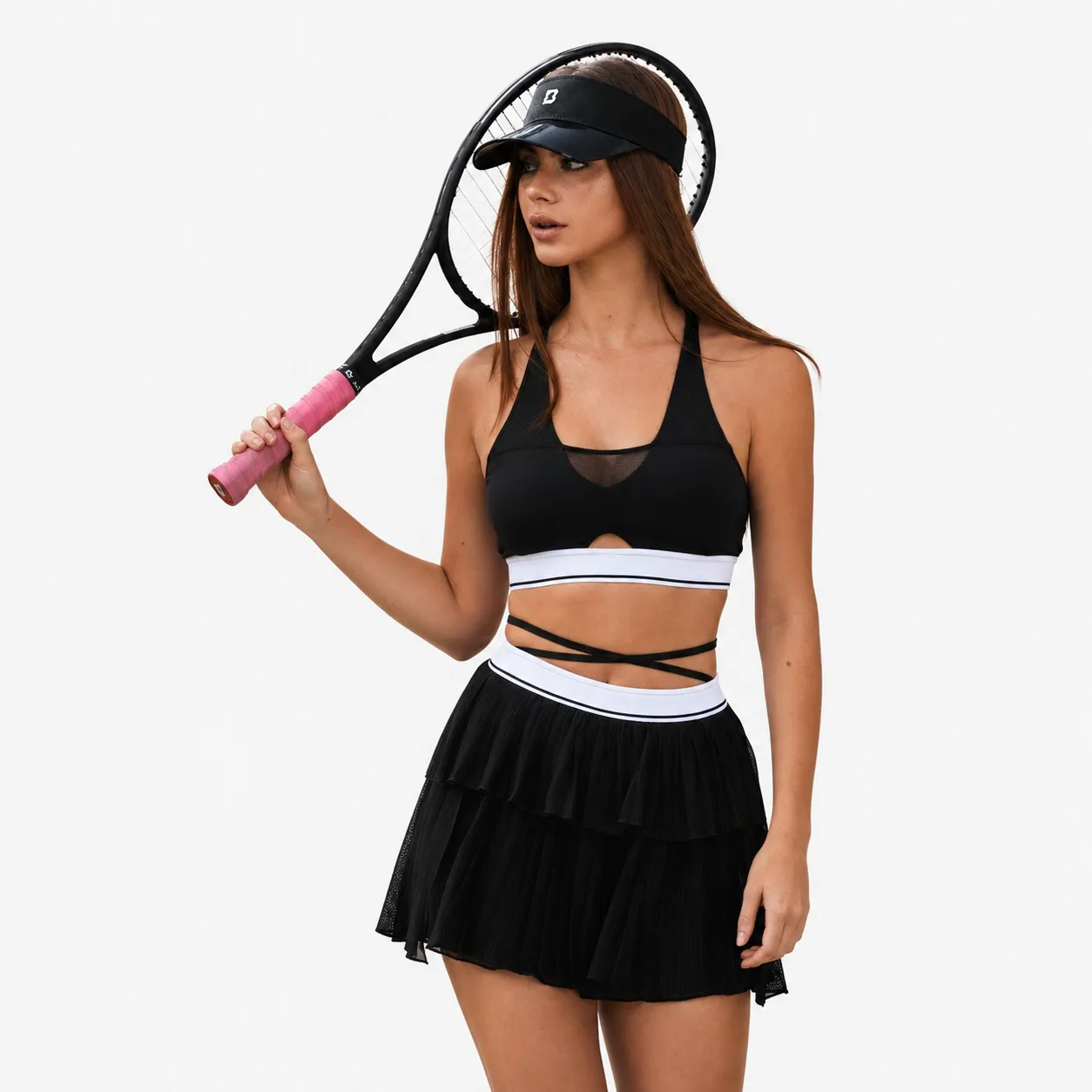 Black Halter Pleated Skort Set for private label OEM activewear manufacturing