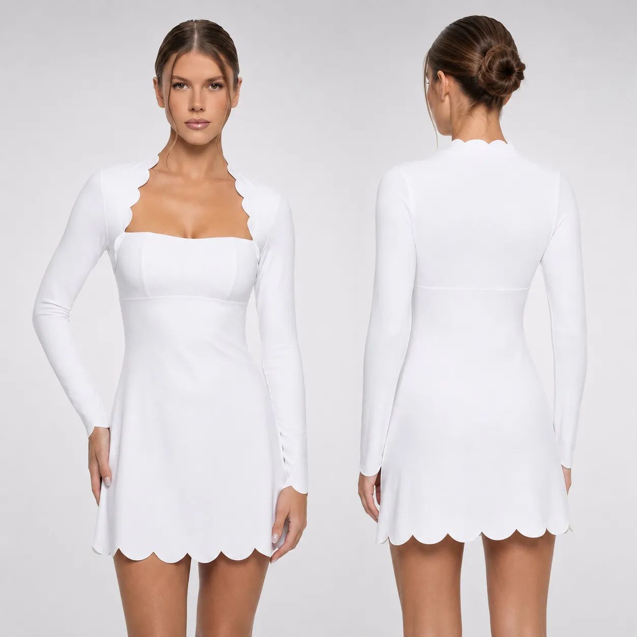 TD-065 White Scallop Long Sleeve Active Dress