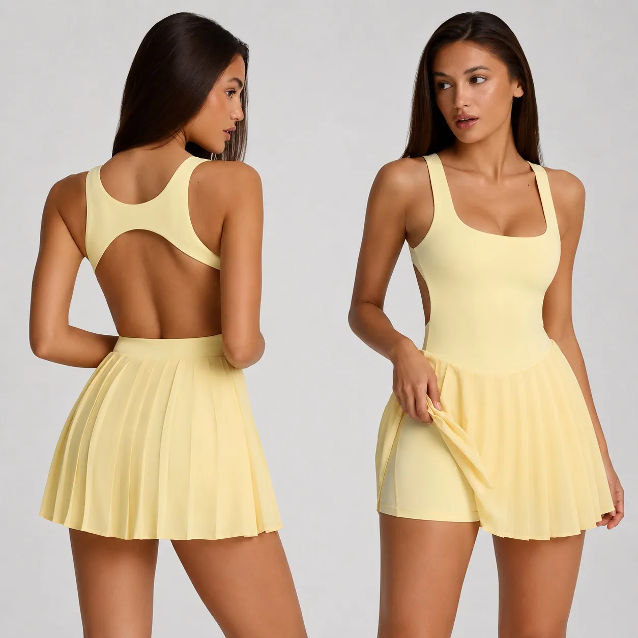 TD-069 Yellow Pleated Open Back Tennis Dress
