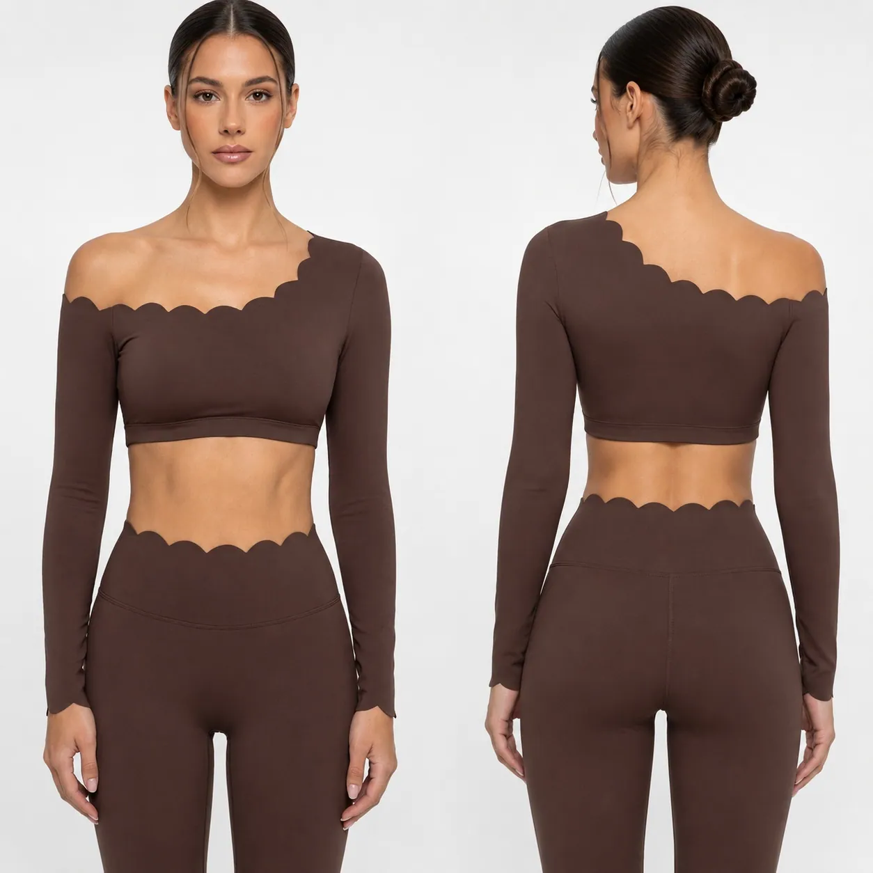Custom scallop one shoulder yoga set for private label activewear sourcing