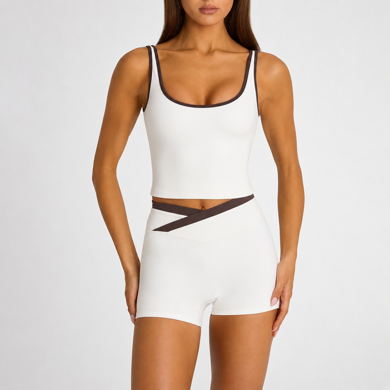 White Cutout Biker Shorts Set for custom yoga wear brands