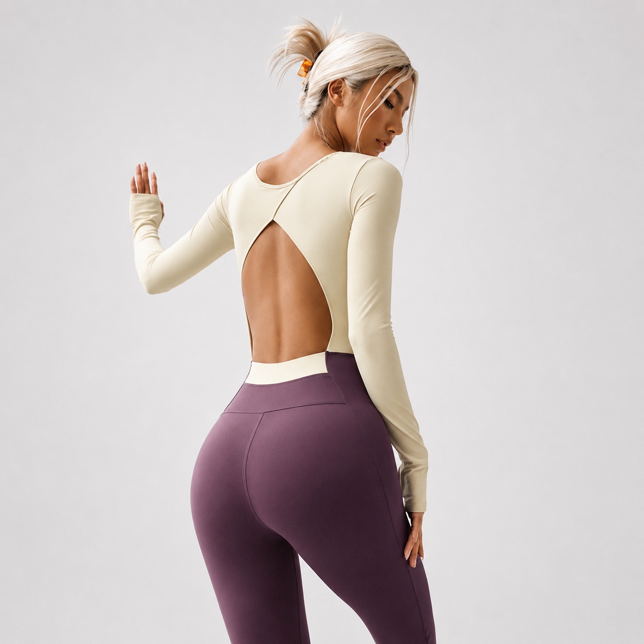 YT-041 Open Back Long Sleeve Pilates Top for private label activewear sourcing