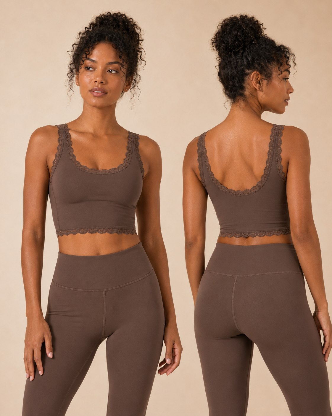 Custom lace edge crop top for scallop activewear collections