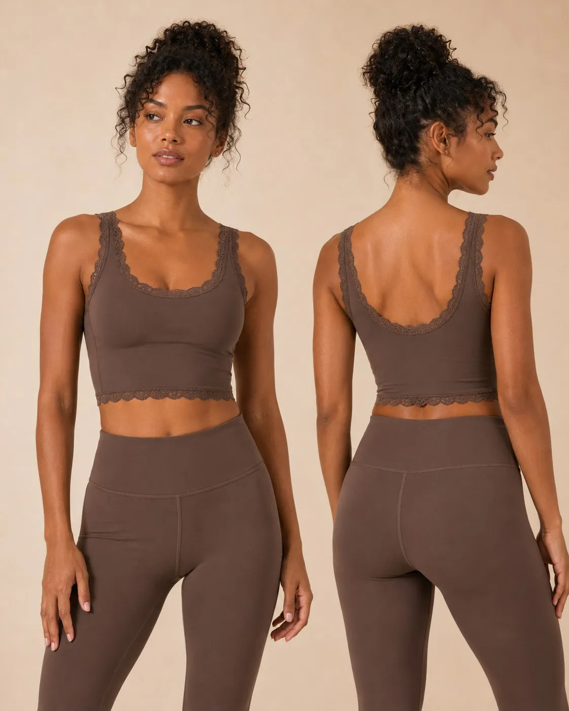 Custom lace edge crop top for scallop activewear collections