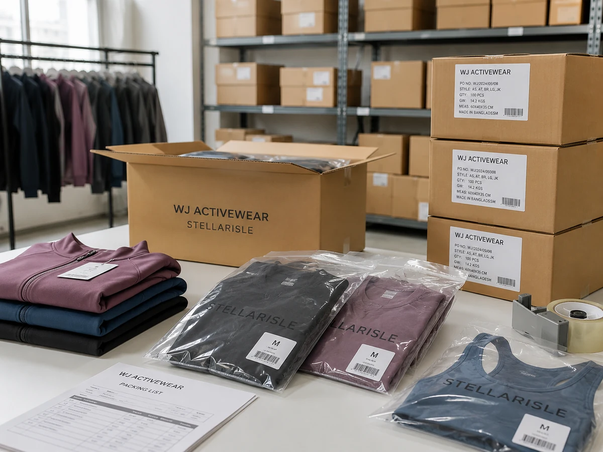 Bulk activewear export packing with polybagged garments, shipping cartons and packing list