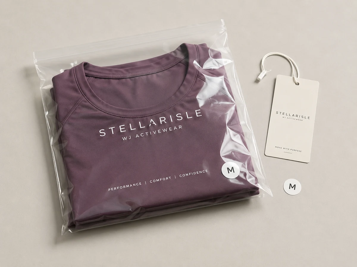 Folded activewear garment in clear polybag with hang tag and size sticker for private label packaging