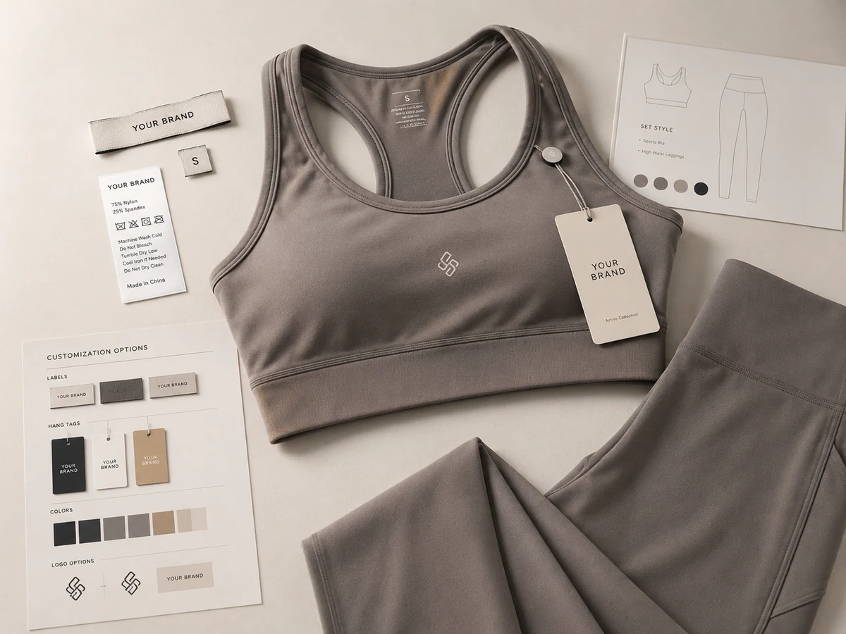 Private label activewear branding options with labels hang tags care labels and logo samples